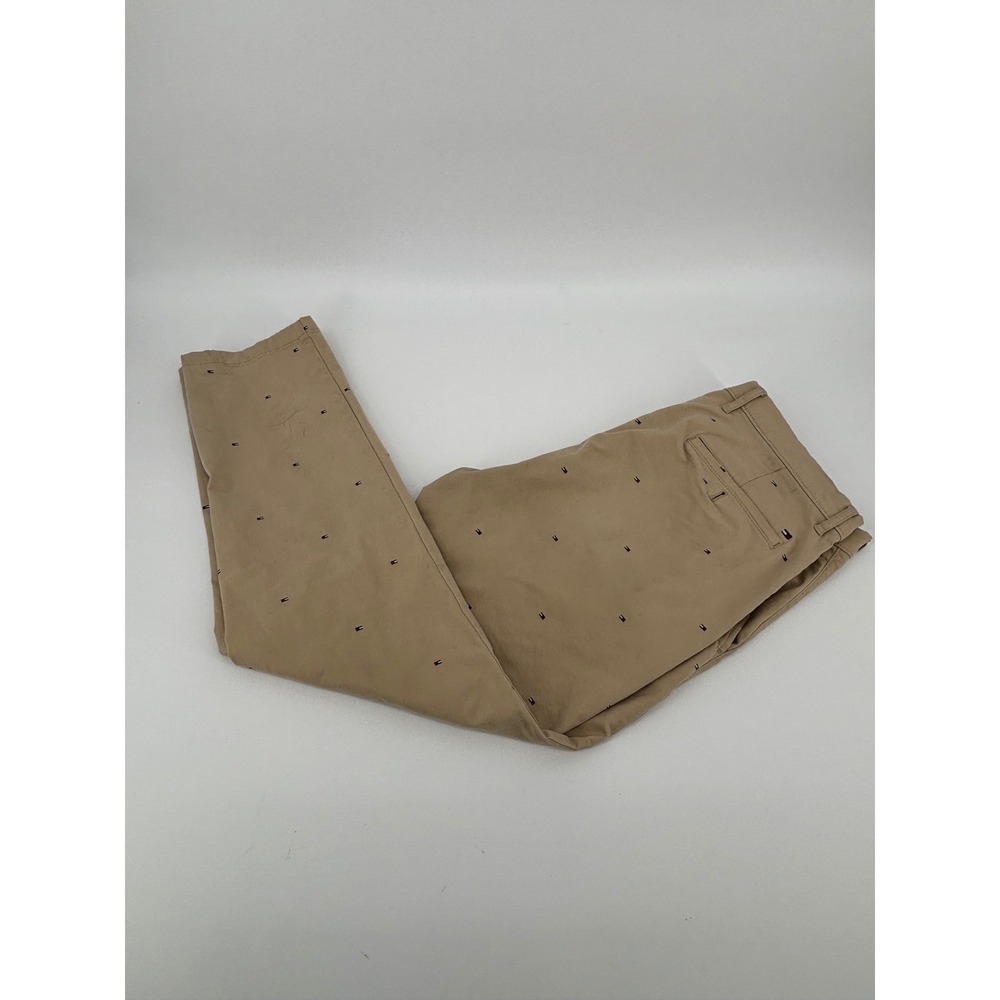 Tommy Hilfiger Mens 36x30 Slim Fit Stretch Chino Pants Khaki Embroidered Flag